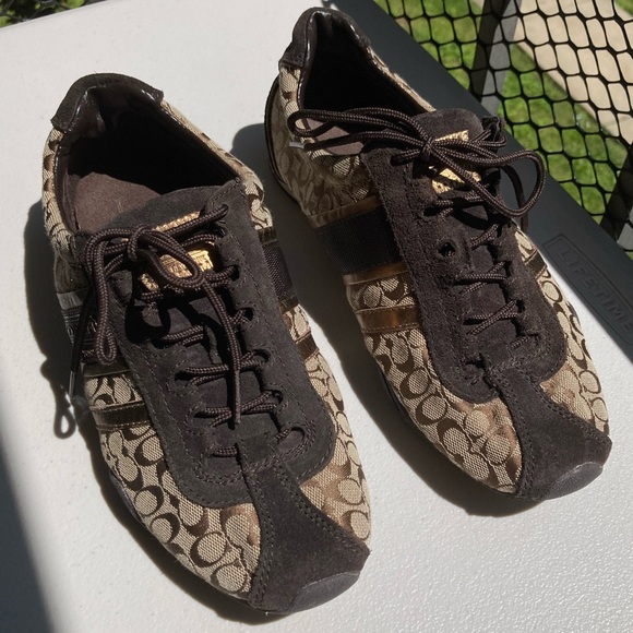 Coach Remmona Tennis Shoe Sporty Sneakers Brown Signature Logo Print Brown Suede - Picture 3 of 17